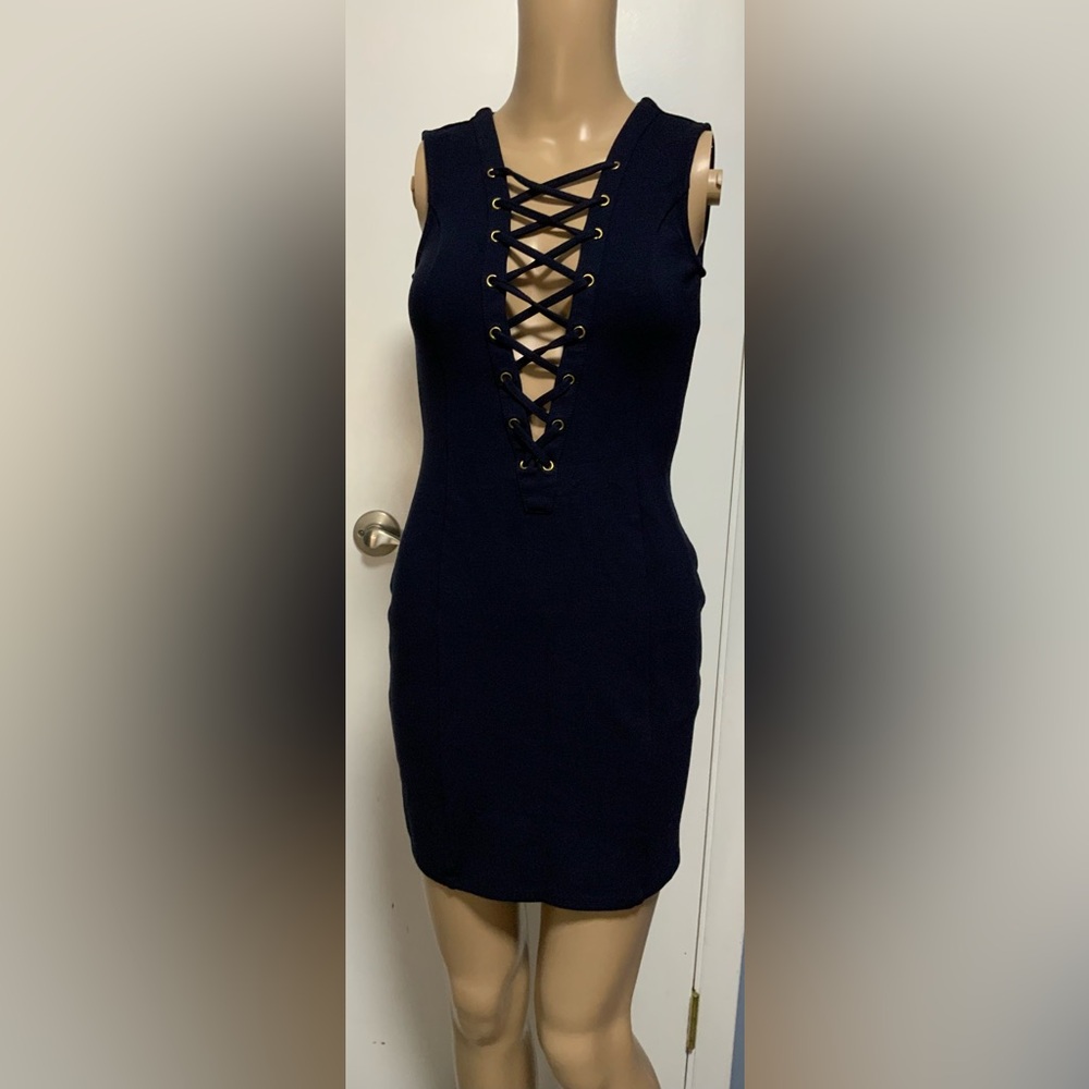 Windsor Blue Bodycon Mini Dress Plunge Sleeveless - size small w/a lot of stretc